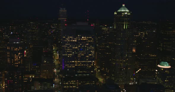 Seattle Washington Nighttime Helicopter Angle Aerial Panoramic Shot Helicopter View Downtown Urban