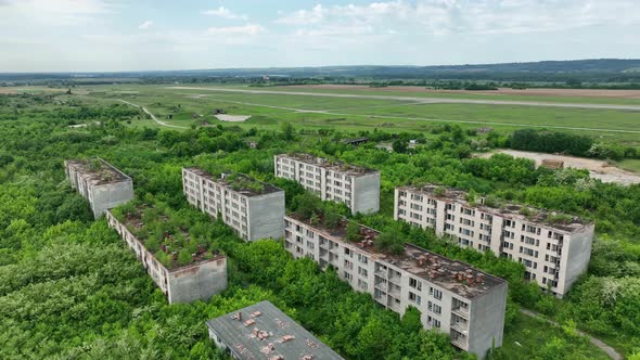 Aerial view of an abandoned housing estate in the village of Sarmellek in Hungary