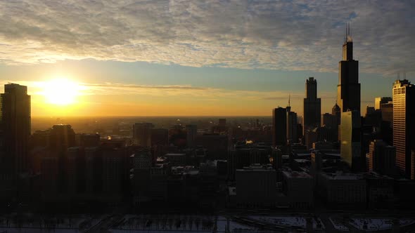 Urban Skyline of Chicago at Winter Sunset