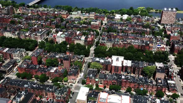 Description: Boston aerial of the Back Bay brownstone houses next to Newbury Street and the Charles
