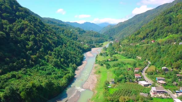 A bird's-eye view of a village in Georgia, located on the bank of Chorokhi River