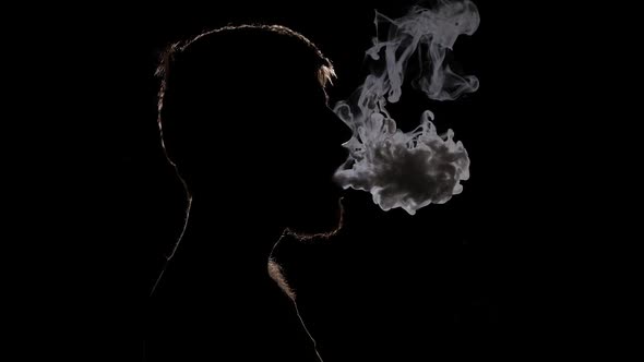 Young People and Smokers, Bearded Man Smoking E-cigarette. Black. Silhouette