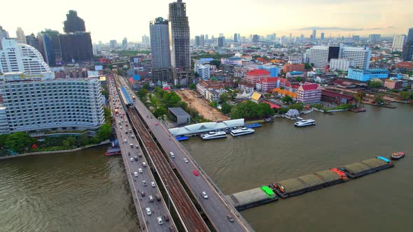 Aerial view over Bangkok city and Chao phraya river