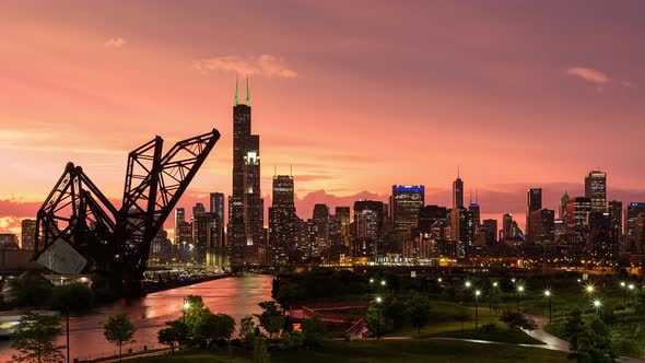 Chicago, Illinois City Skyline during a Thunderstorm Sunset