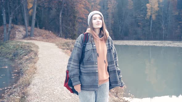 Girl on a Hike in the Mountains. Slow Motion Video