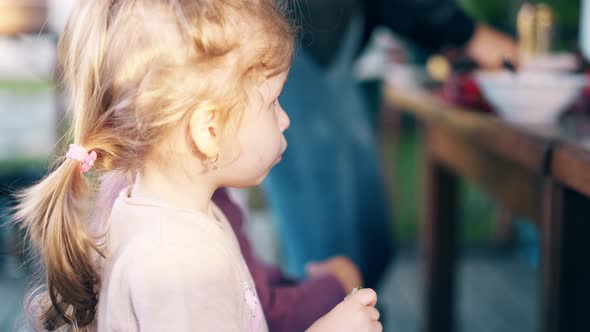 Close-up: Mom Feeds Porridges of Children, They Sit in a Summer House