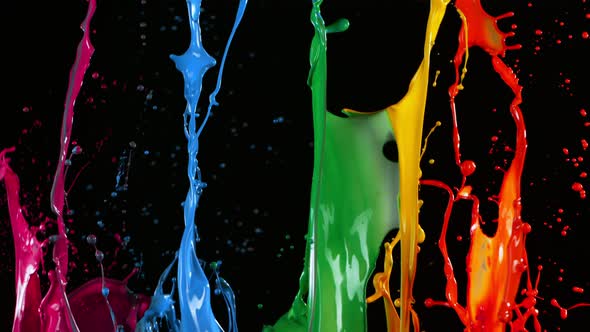 Colorful Paint Splashes in Super Slow Motion Isolated on Black Background 1000Fps