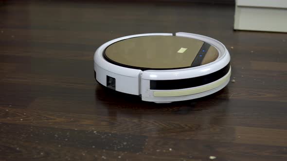 The Robot Vacuum Cleaner Is Cleaning the Room. A Round Vacuum Cleaner Automatically Drives Around