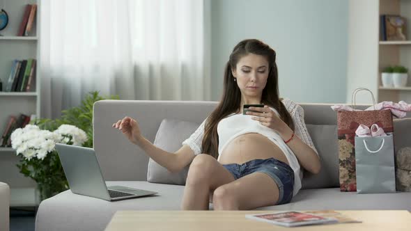 Young Pregnant Woman Typing Number of Credit Card on Laptop, Online Payments