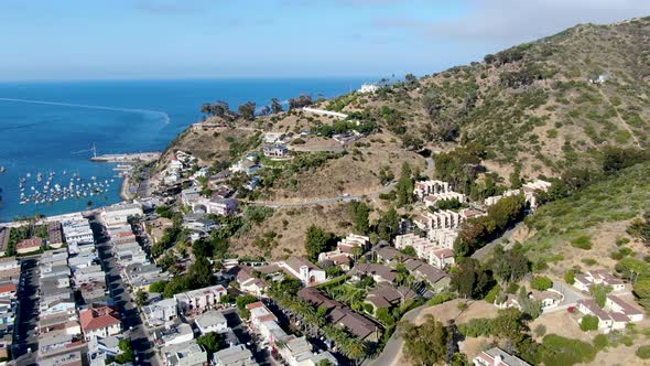 Aerial View of Avalon Downtown with Their Houses on the Cliff in Santa Catalina Island, USA