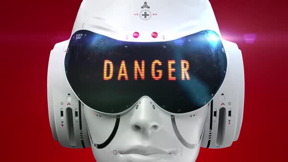 artificial Intelligence. sci fi robot head close-up. the inscription "danger"