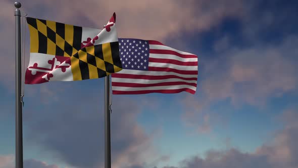 Maryland State Flag Waving Along With The National Flag Of The USA - 2K