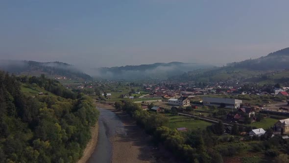 Fog In Morning Over Village, Aerial View