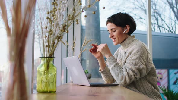 Modern Coffee Shop with Big Panoramic Windows Lady