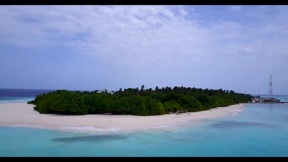 Aerial drone shot sky of exotic lagoon beach wildlife by blue lagoon with white sand background of j