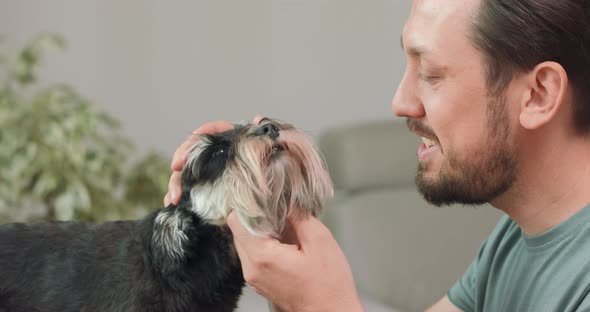 The Man with Beard and Mustashes Strokes the Muzzle of Yorkshire Terrier and Smiles While Talking to