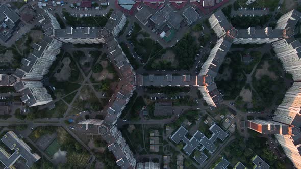 Aerial View From Houses to Dna Shaped Houses in the City