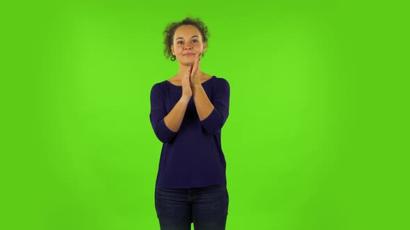 Curly Woman Claps Her Hands. Green Screen