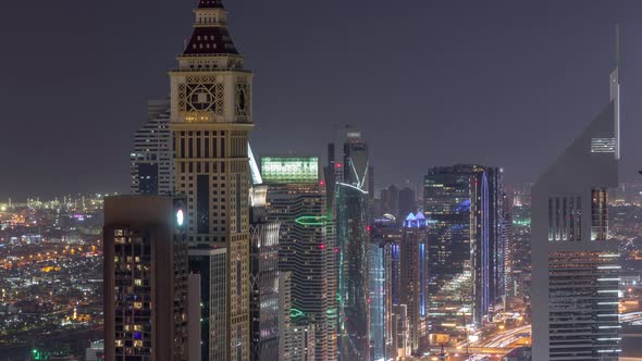 Skyline of the Buildings of Sheikh Zayed Road and DIFC Aerial Night Timelapse in Dubai UAE