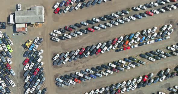 Aerial View a Many Used Cars Parking Auction Dealer Lot