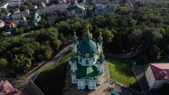 Aerial View of St. Andrews Church, Orthodox Church on Green Hill in the City