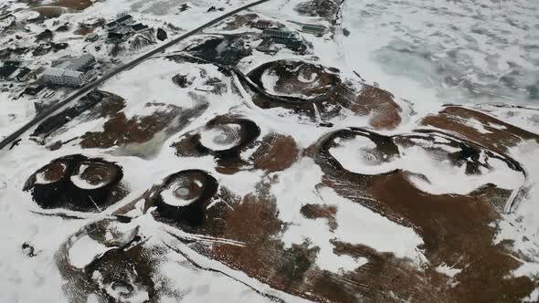 Skútustaðagígar Craters of Iceland, Surrounded by Snowy Lands and Wetlands of Lake Myvatn Area, Famo