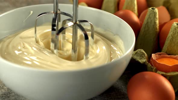 Super Slow Motion Mixer Stirred Mayonnaise Into the Bowl