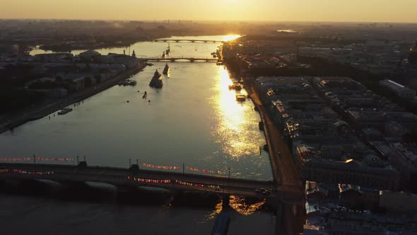 Aerial Morning Cityscape with Warships in the Waters of the Neva River Before the Holiday of the