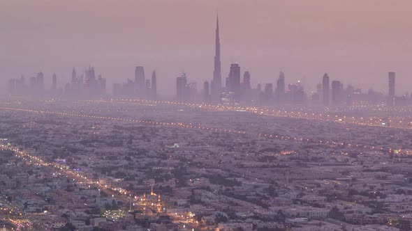 Skyline View of Dubai From Night to Day Transition UAE