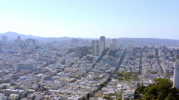 Aerial: Coit Tower and San Francisco downtown, drone view