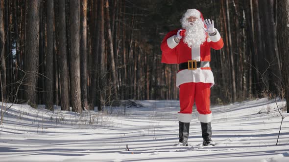 Cheerful Smiling Santa Claus Greets with a Waving Hand