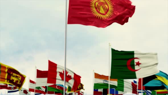 Kirghizstan Flag With World Flags Moring Shot