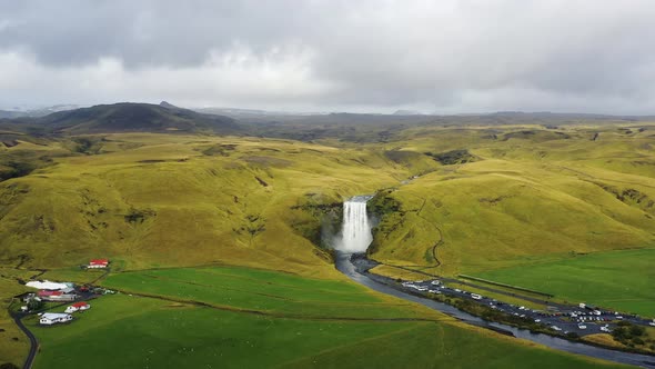 Flying Towards the Skogafoss Waterfall in Southern Iceland