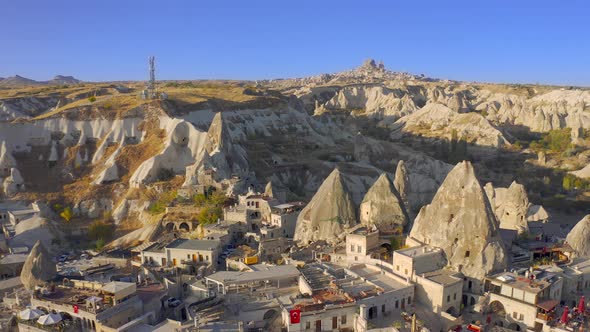 Aerial Drone View of the of Goreme Town and the Hills with Caves