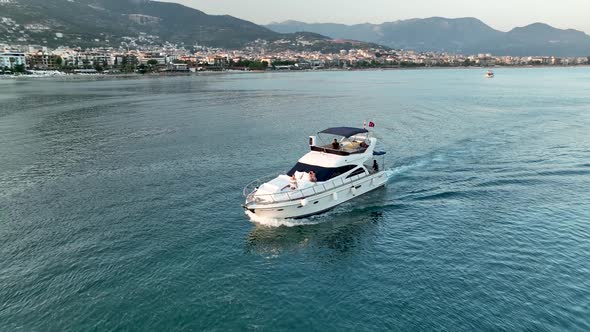 The yacht calls at the port aerial view 4 K