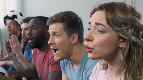 Closeup of Girl Watching Football With Friends, Cheering for Favourite Team