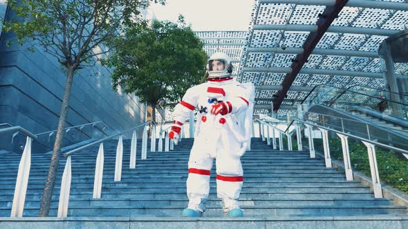 Spaceman exploring a futuristic city.