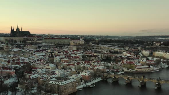 Aerial View, Prague Czech Republic at Cold Winter Twilight Charles Bridge Castle and St. Vitus Cathe