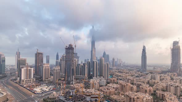 Beautiful Luxury Dubai Downtown Aerial Top View Early Morning Timelapse Dubai United Arab Emirates