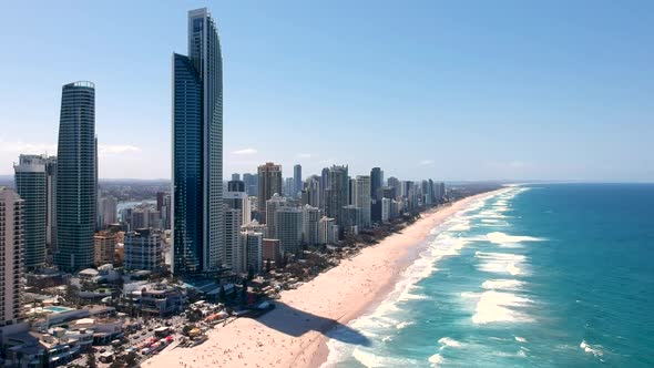 Aerial view of skyline and beach at Surfers Paradise, Gold Coast, Australia