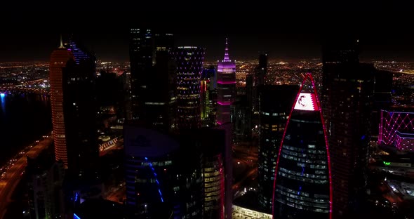 Doha at night, top view, night city lights, Qatar aerial