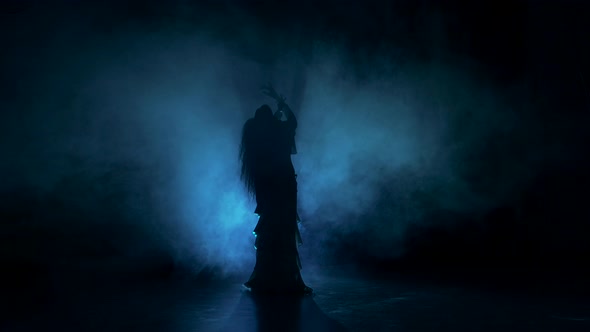 Exotic Belly Dancer Woman Starts Dance in Dark, Shadow, Smoke, Silhouette