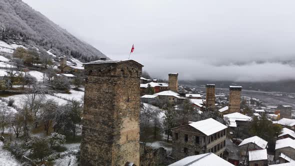 Aerial Winter Scenery of Svan Towers Covered with Snow