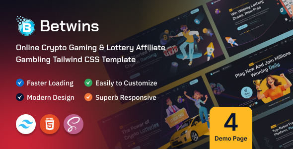 Betwins - Tailwind CSS Online Crypto Gaming & Lottery Affiliate Template