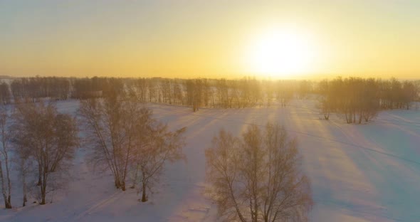 Aerial Drone View of Cold Winter Landscape with Arctic Field, Trees Covered with Frost Snow and