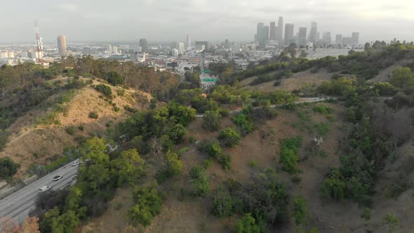 Aerial of Downtown LA from Elysian Park Over Highway