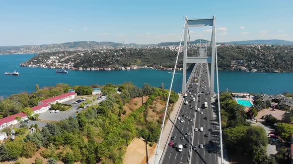 Aerial view of Fatih Sultan Mehmet Bridge and car traffic