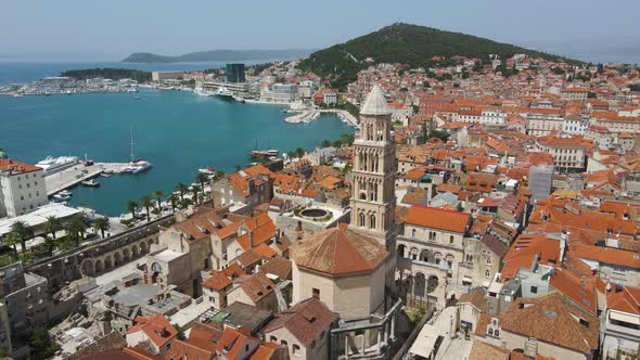 A an aerial picture of Split city centre showing Diocletian's Palace, the bell tower of the cathedra