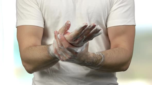 Close Up Caucasian Man Thoroughly Washing His Hands