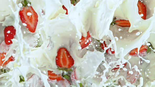 Super Slow Motion Shot of Fresh Strawberries Falling Into Cream at 1000Fps